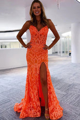 Shiny Orange Mermaid V-neck Lace Prom Dresses With Slit, Party Dress